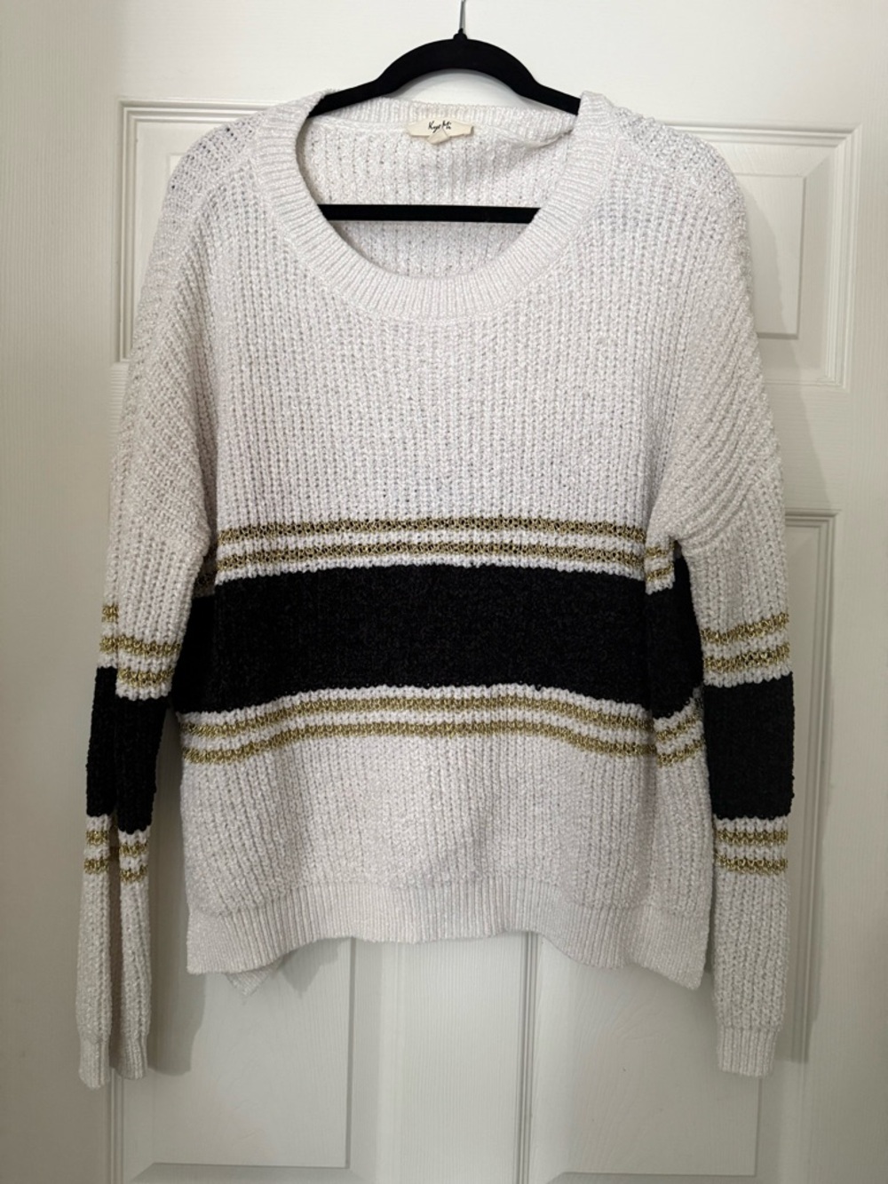 Cozy Striped Crewneck Sweater - White with Black & Gold Stripe